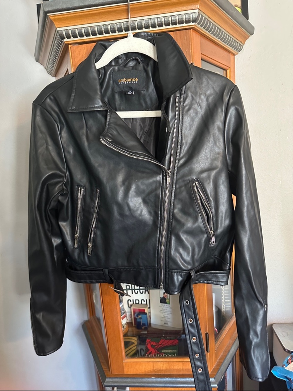 Ambiance Black Faux Leather Moto Jacket with Belt